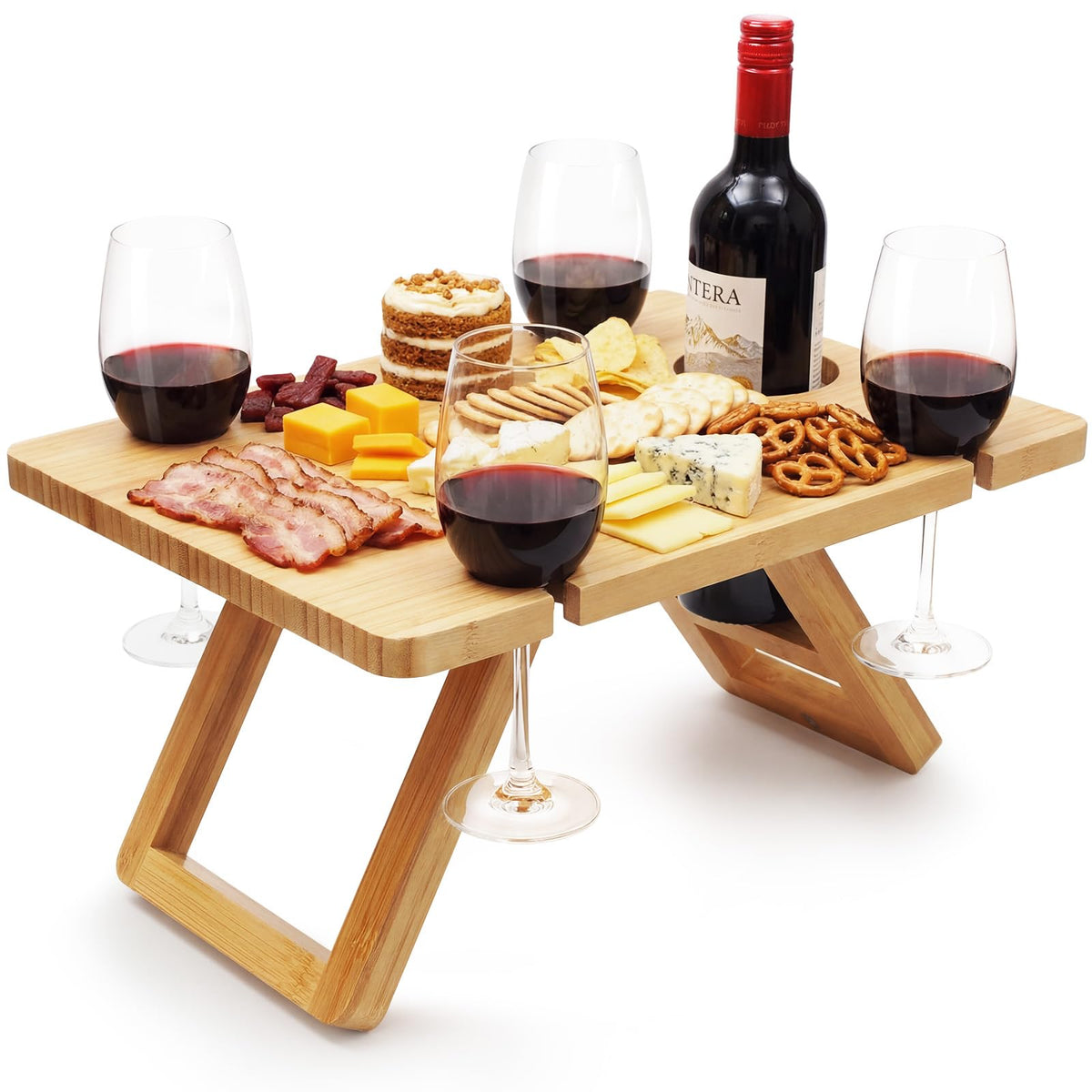 Dumbpec Bamboo Wine Picnic Table bottle-slot layout for organized serving