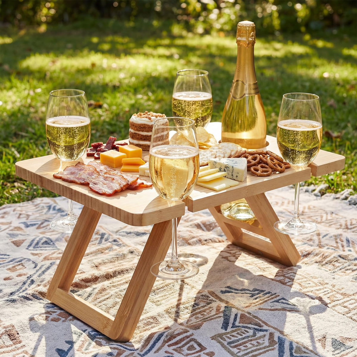 Dumbpec Bamboo Wine Picnic Table foldable-legs supports easy transport