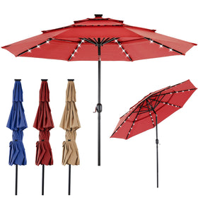 DUMOS 10ft patio umbrella with LED lights for evening gatherings.