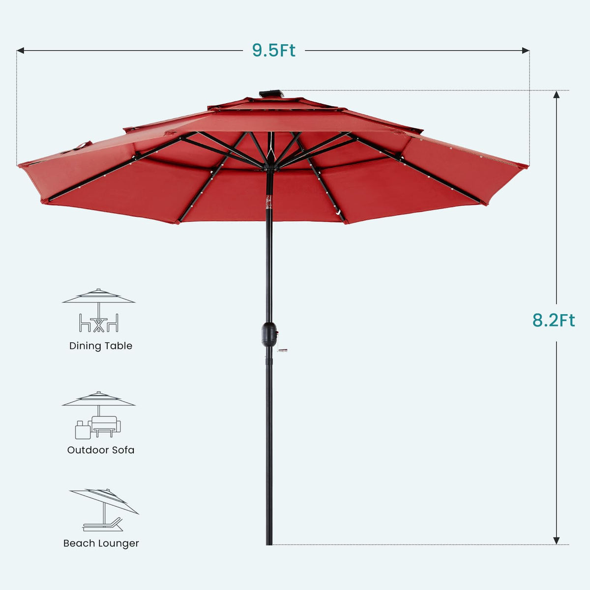DUMOS market umbrella for pool, beach, and terrace setups.