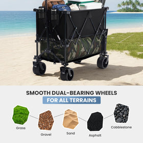 DUMOS wagon at beach or campsite illustrating versatile outdoor use.