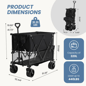 DUMOS foldable garden cart demonstrating compact storage capability.