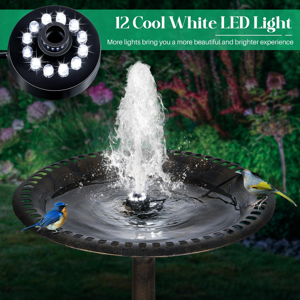 Dunkive submersible pump runs 24 hours for consistent fountain action