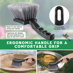 Dunkive stiff-bristle brush scrubs stone surfaces around bird baths