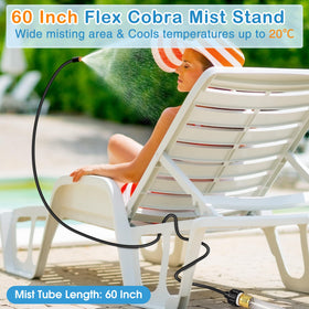 Dunkive flexible misting hose for adjustable cooling along patios and seating areas.
