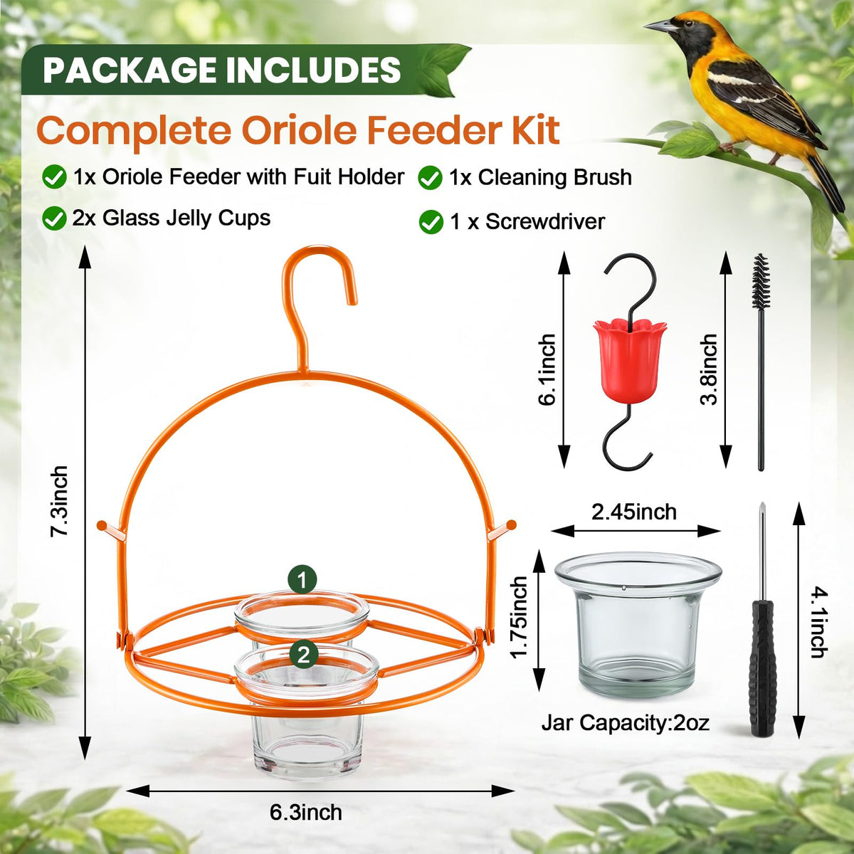 Dunkive Oriole feeder with glass cups installed for easy cleaning and nectar serving