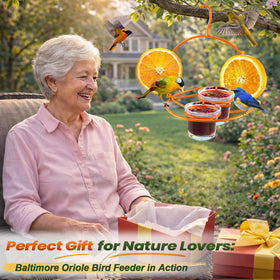 Dunkive Oriole feeder outdoor hanging installation in a garden setting, ideal for backyard birdwatching