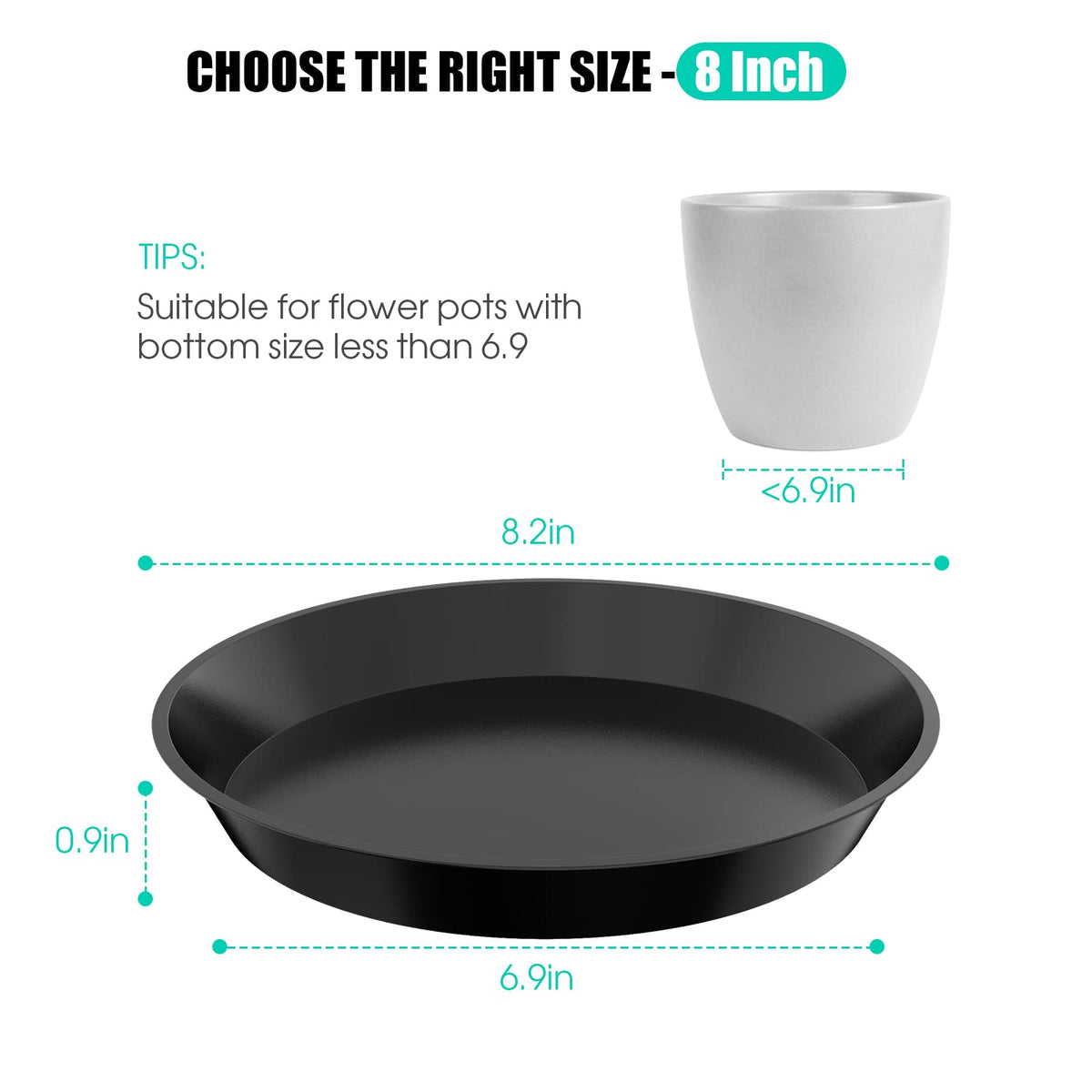 DUNPUTE 8-inch black plant saucer top view, protects surfaces from drainage.