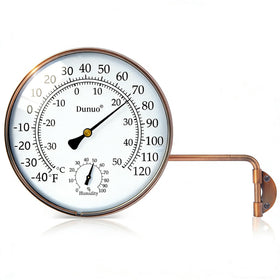 DUNUO 6-inch outdoor thermometer with humidity on brass dial for patio and garden use.
