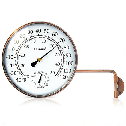 DUNUO 6-inch outdoor thermometer with humidity on brass dial for patio and garden use.