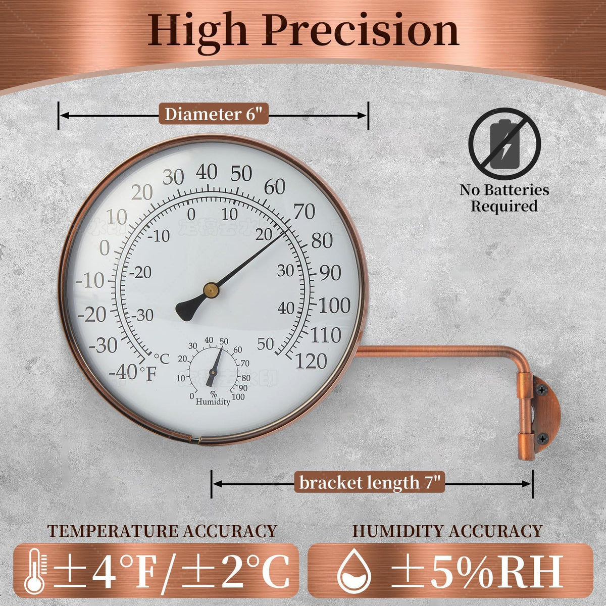 DUNUO brass wall-mount thermometer showing robust design for indoor-outdoor tracking.