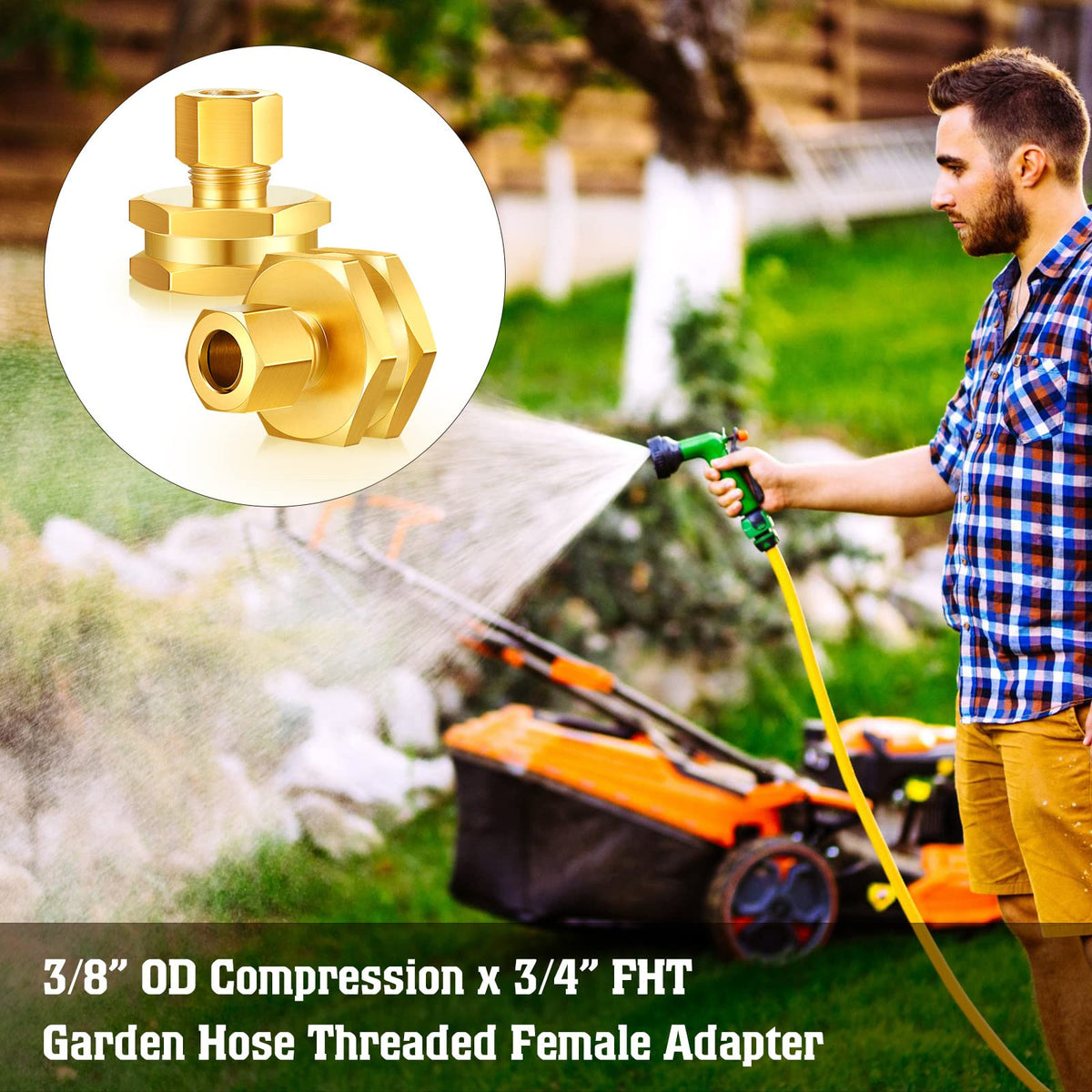 Dunzy compact brass hose adapter showing its three-quarter to three-eighths inch sizing.