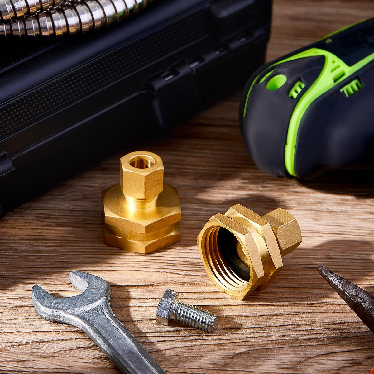 Dunzy packaged two adapters for flexible hose connections in home or garden setups.
