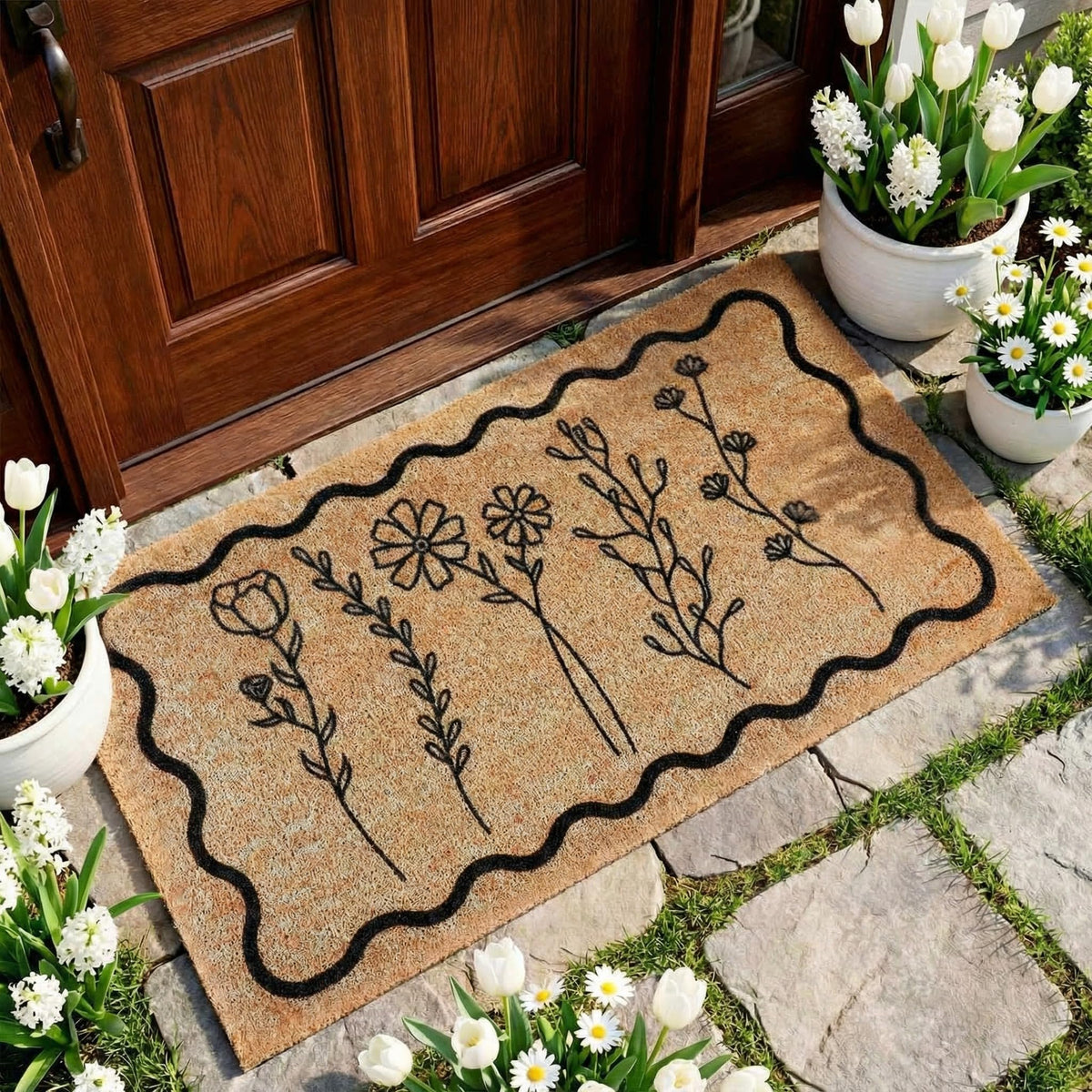 Dunzy wavy wildflower pattern doormat with non-slip design for outdoor use.