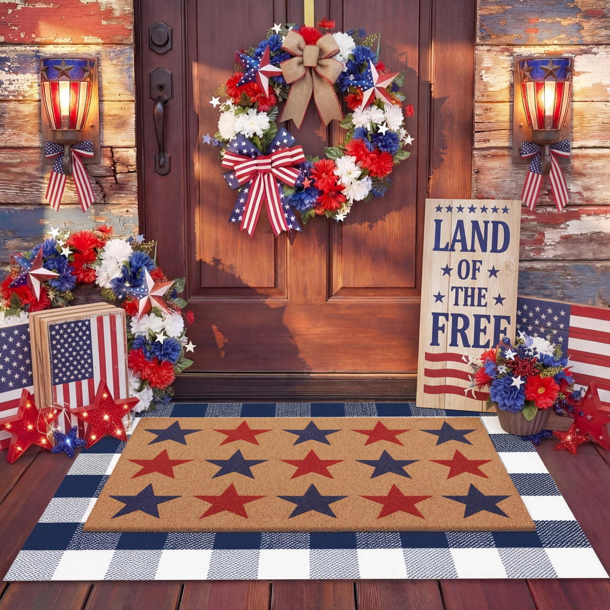 Duraaamo Independence Day door mat with blue stripes welcoming guests at the entrance.