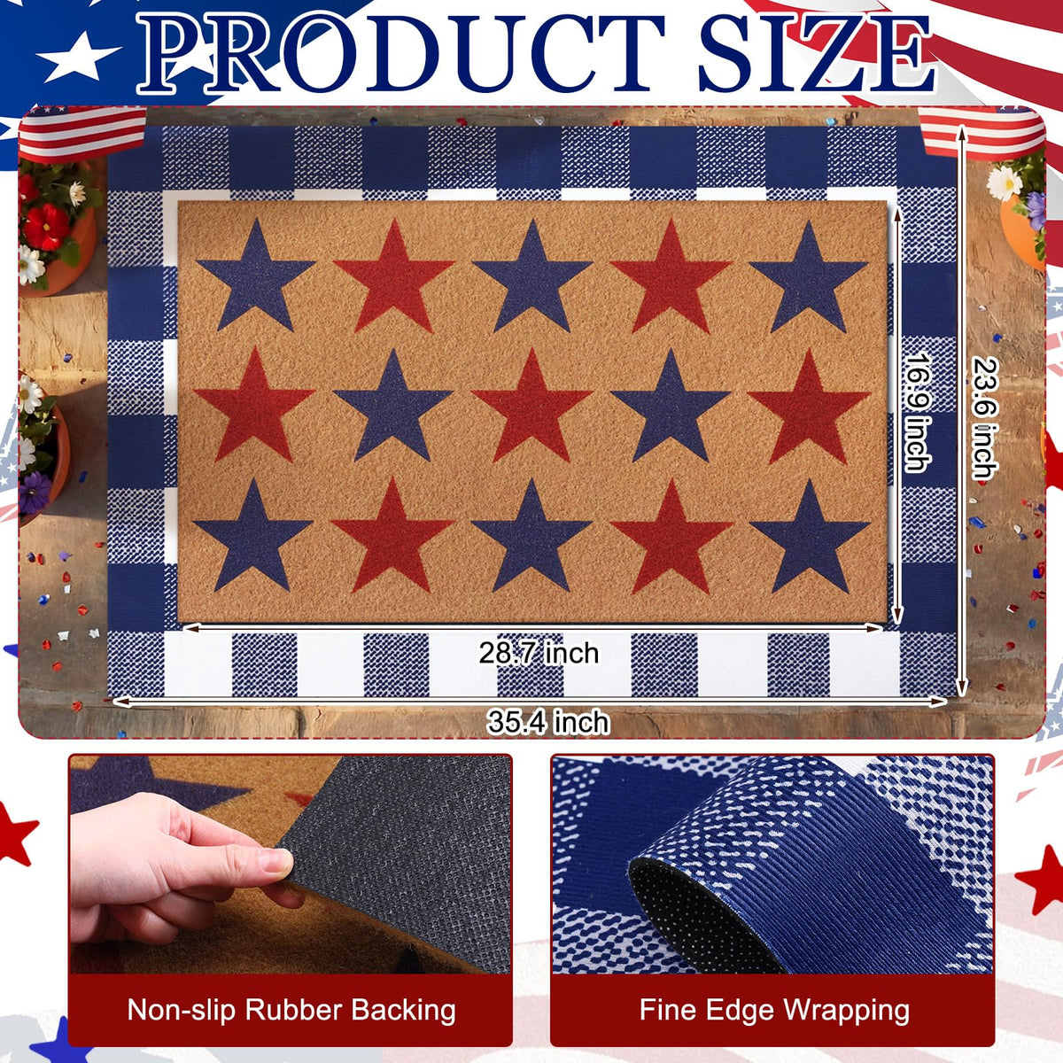 Duraaamo Independence Day rug in blue, white, and red for porch decor.