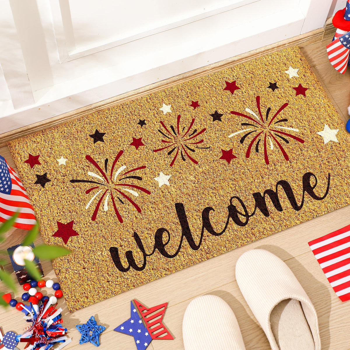 Duraaamo patriotic door mat featuring fireworks and stars design for entryways