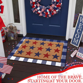 Duraaamo patriotic welcome doormat with rubber backing for outdoor durability.