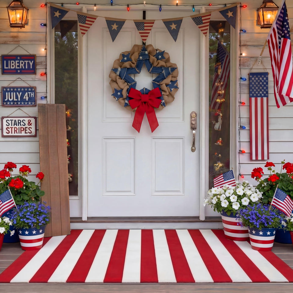 Duraaamo red and white striped rug on front porch for easy cleaning and year-round appeal