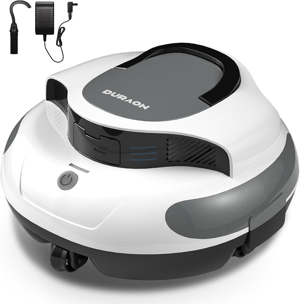 Duraon cordless robotic pool cleaner showing dual-motor suction for powerful debris removal.