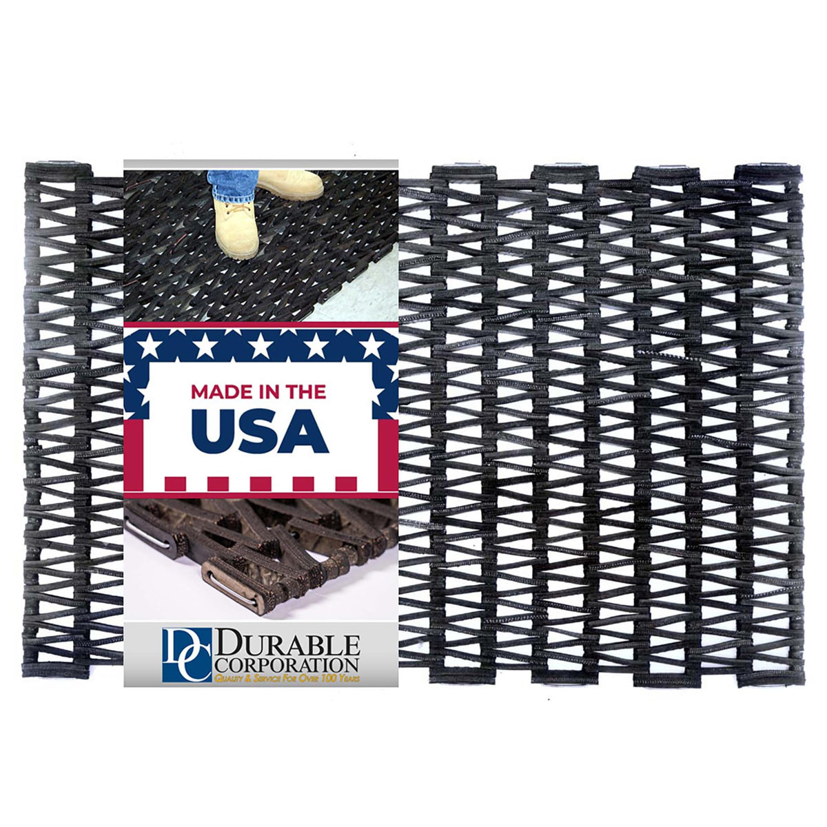 Durite tire-link mat with herringbone weave for durable outdoor entrances that drain water.