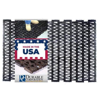 Durite tire-link mat with herringbone weave for durable outdoor entrances that drain water.