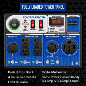 Outlet array supports 120V and 240V loads for diverse devices.