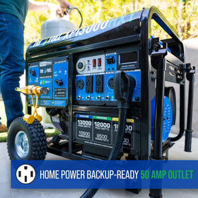 DuroMax XP13000HXT 50-amp transfer-ready outlet for whole-home backup