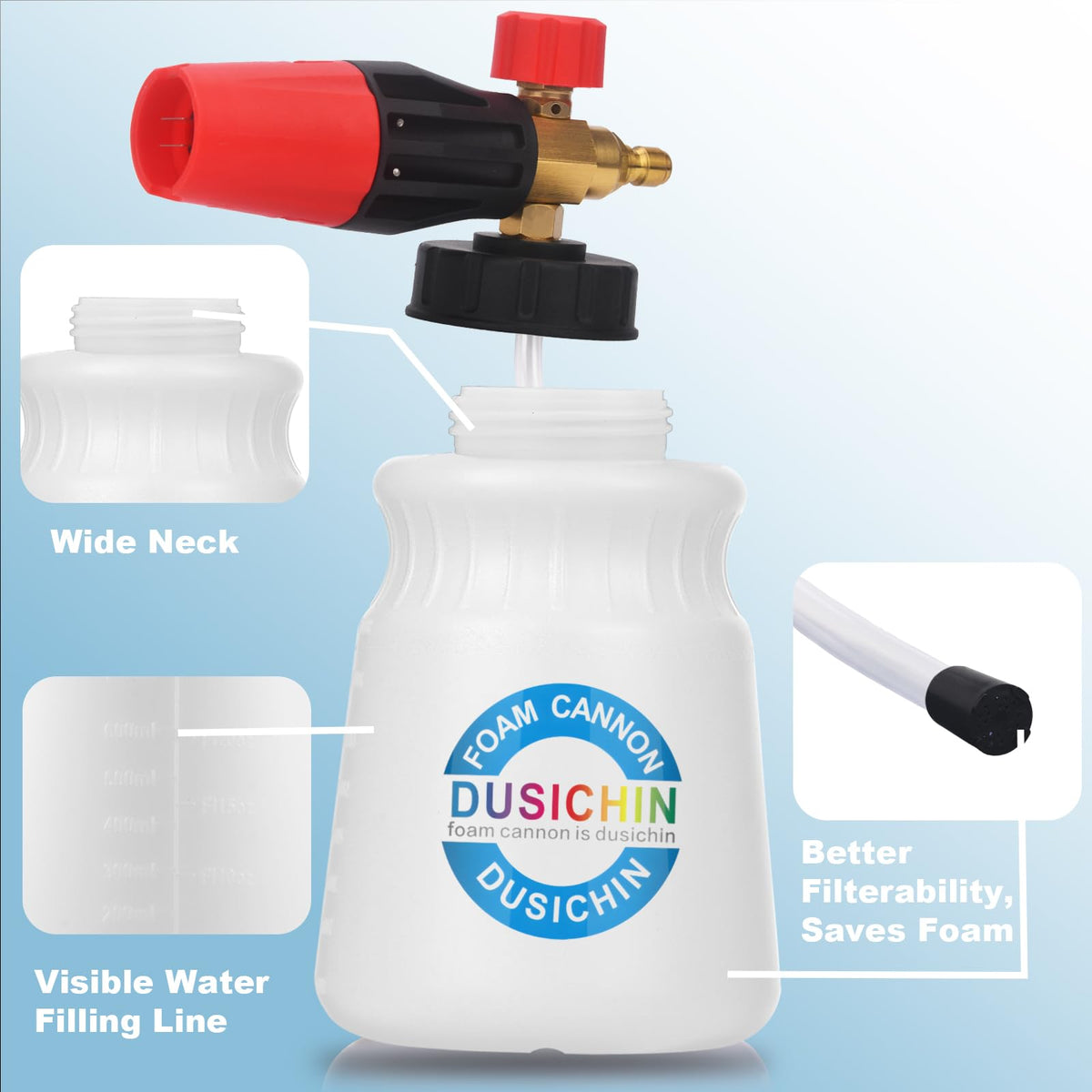 Dusichin adjustable top knobs control foam density and spray area.