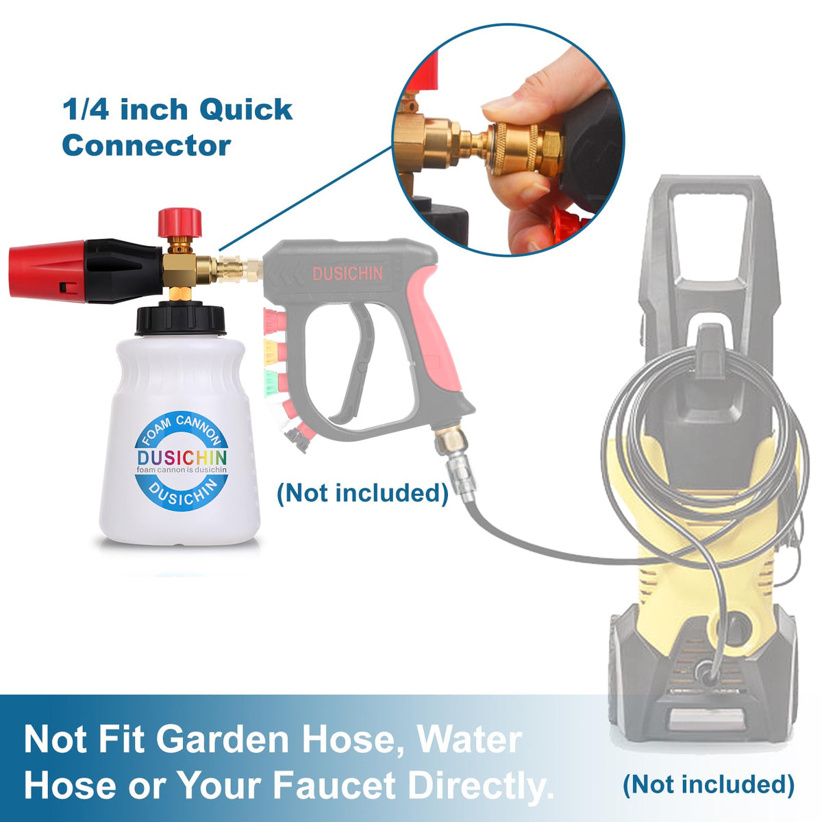 Dusichin quick connect gun attachment fits most pressure washers.