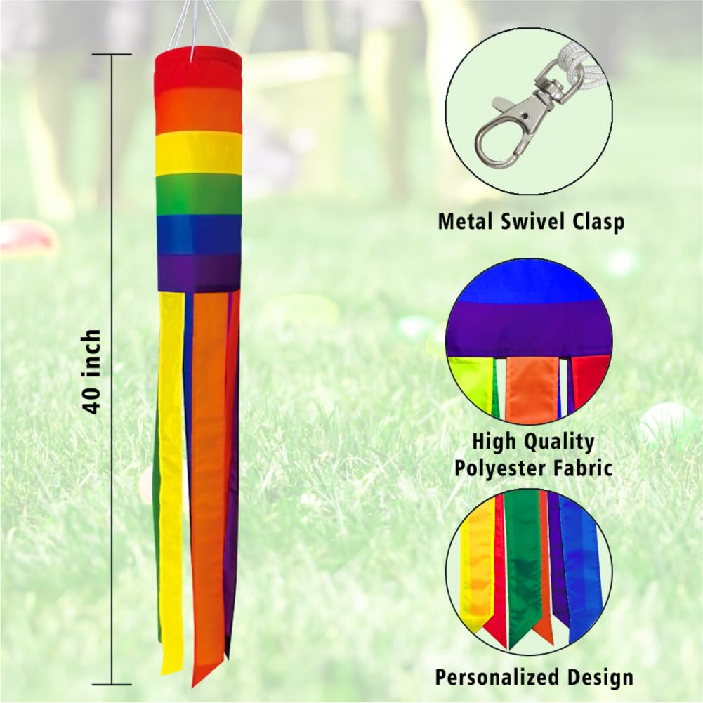 Dusnodu Pride Rainbow Windsock close-up shows six tails fluttering in the breeze.