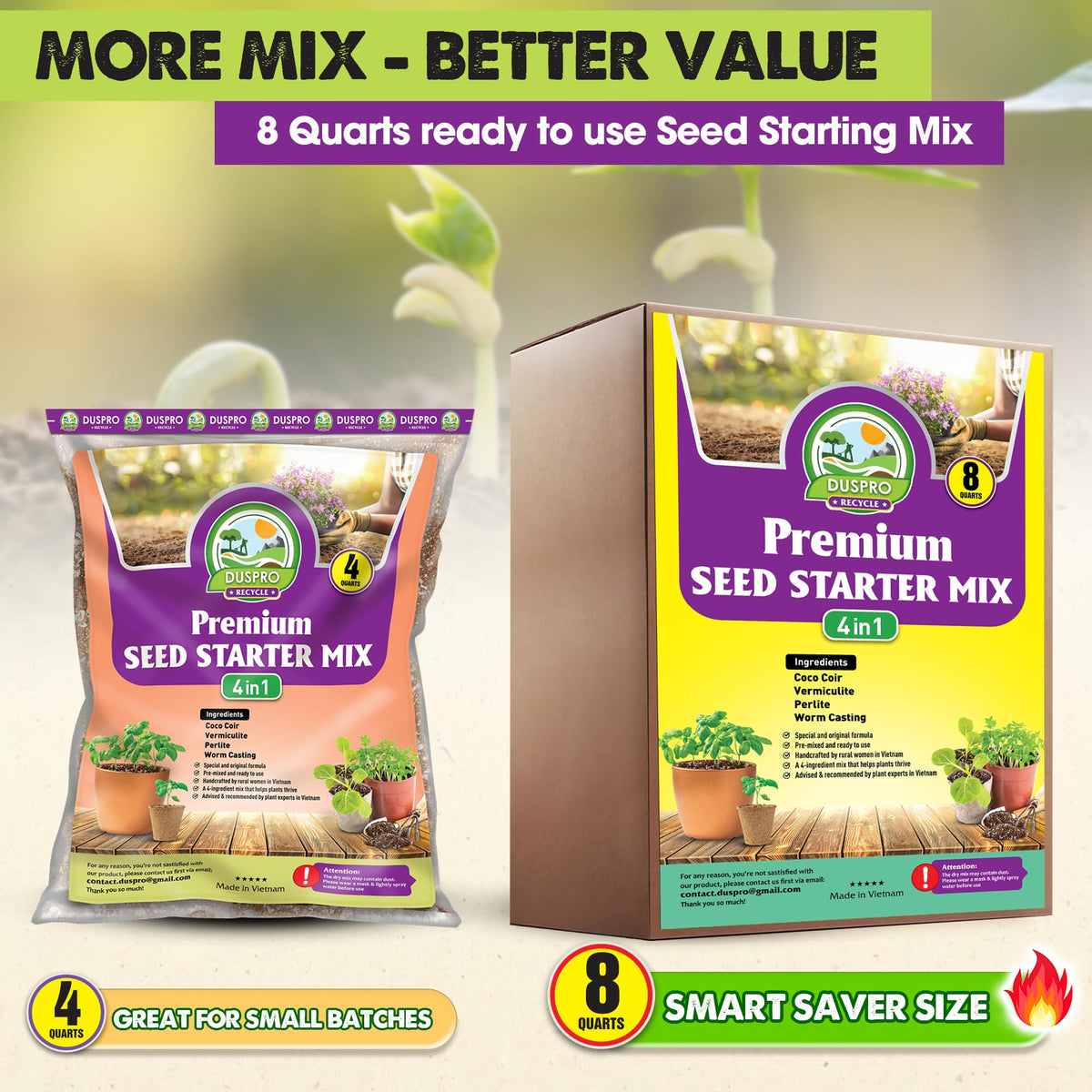 Duspro peat-free formula with coco coir supports moisture retention and aeration.