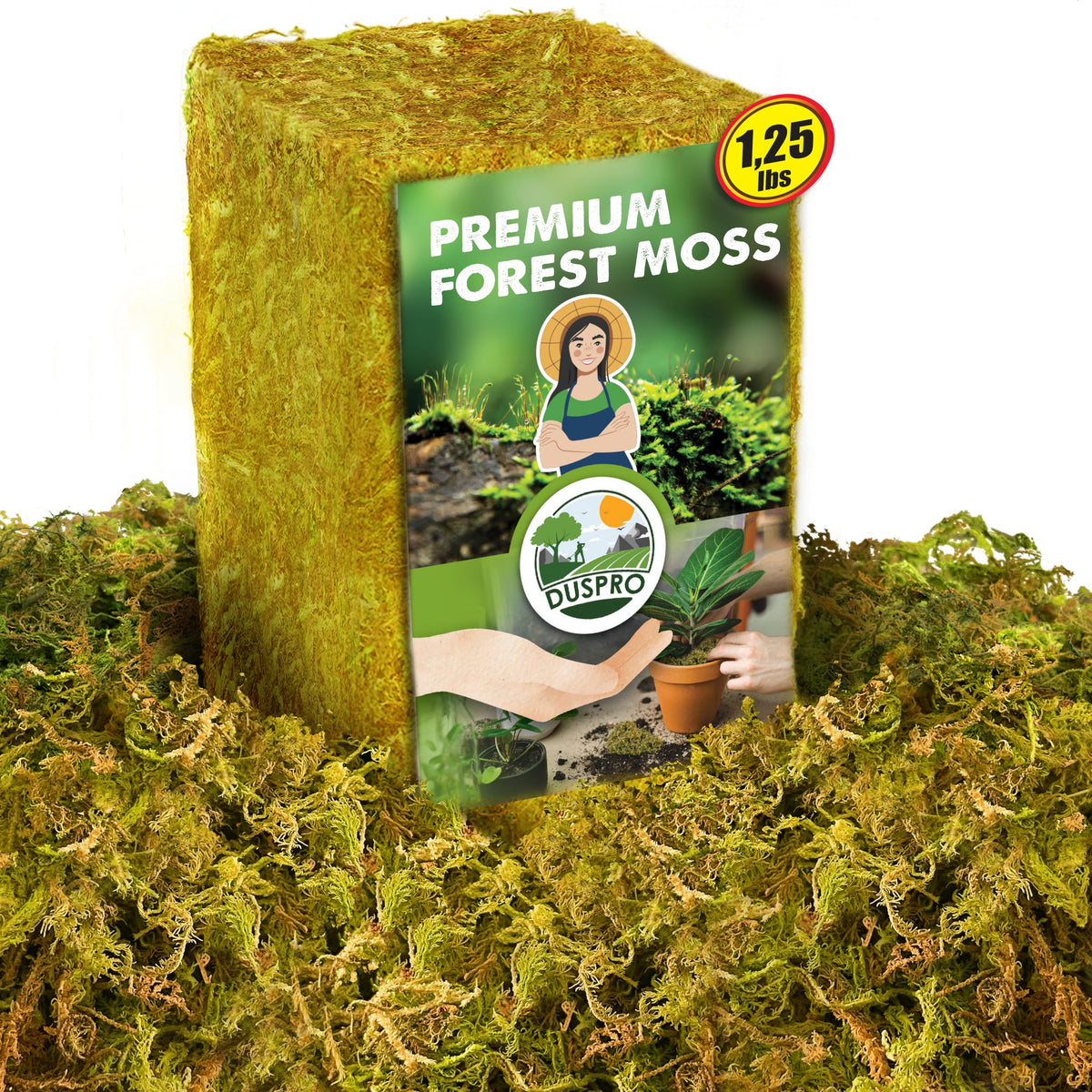 Duspro dried moss bag with 1.25 lb packaging, ready for potting.