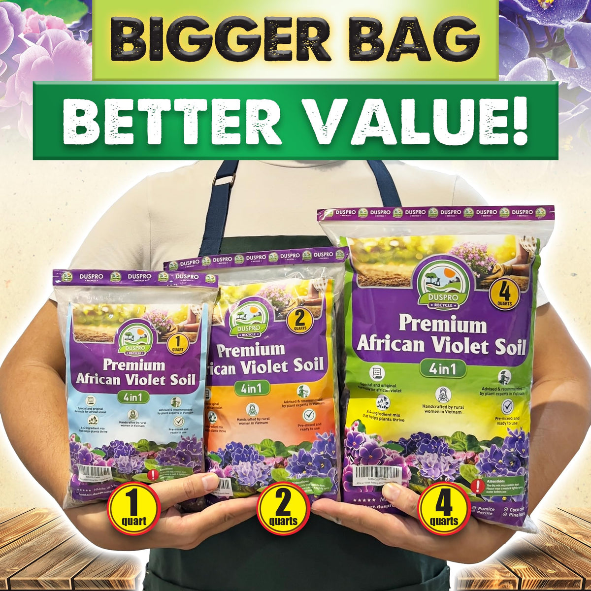 Duspro indoor-use soil promotes healthy root growth and vibrant violet blooms.