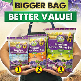 Duspro indoor-use soil promotes healthy root growth and vibrant violet blooms.