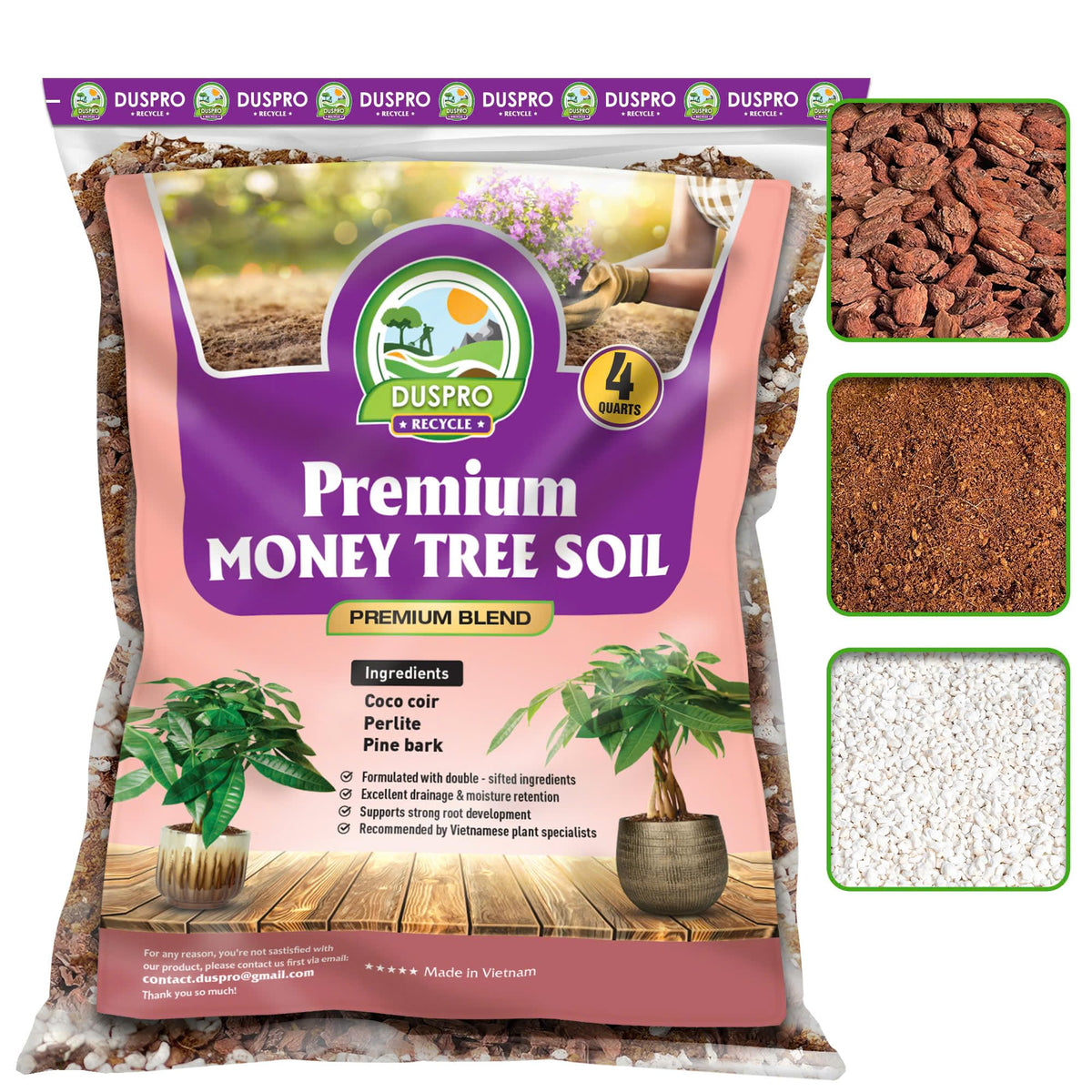 Duspro money tree soil bag closeup showing premium blend for robust root growth