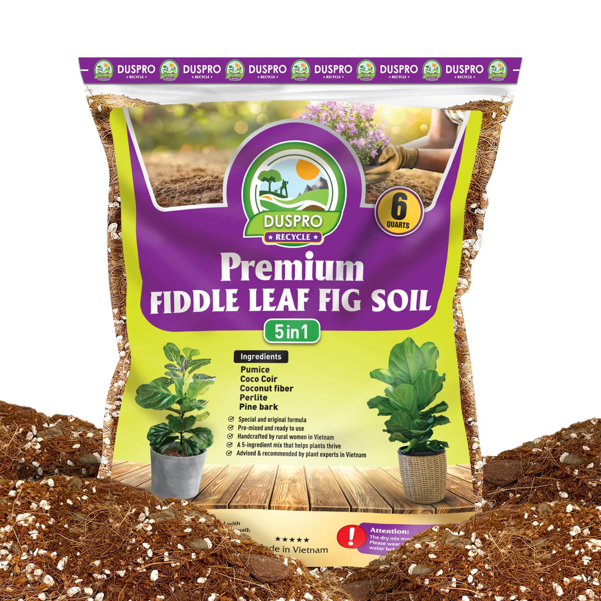 Duspro Recycle Fiddle Leaf Fig Soil bag front, ready-to-use indoor ficus care.