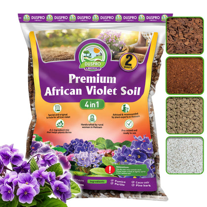 Duspro Recycle Premium 4-in-1 soil pour supports moisture balance for African violets.