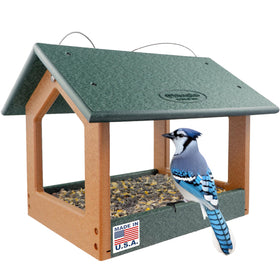 DutchCrafters fly‑through feeder roof highlights shelter and quick snack access