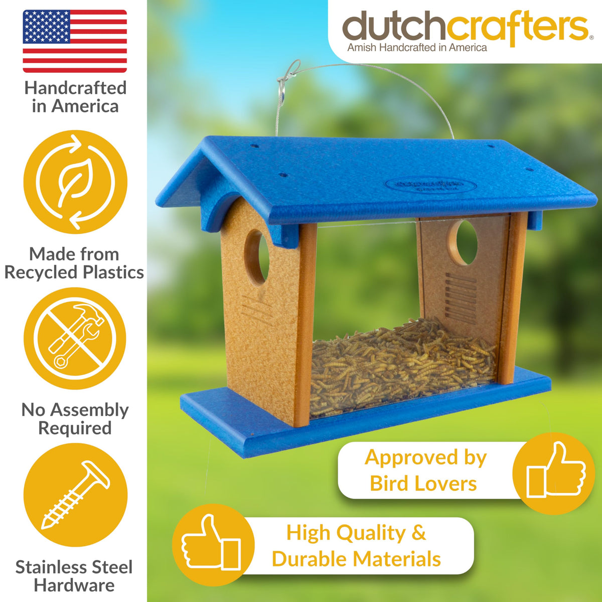 Stainless steel hanging cable on a weather-ready bluebird feeder