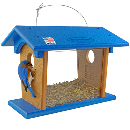 DutchCrafters Hanging Bluebird Feeder with hinged roof for easy refills of mealworms