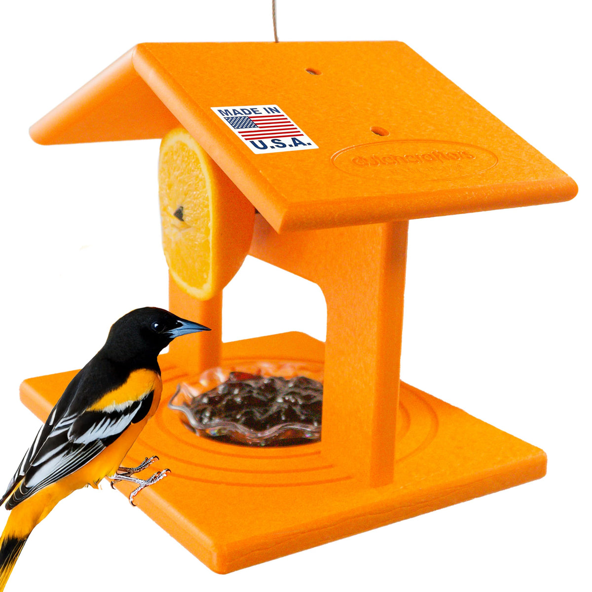 DutchCrafters orange Baltimore oriole feeder front view attracts Baltimore orioles with jelly cup