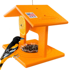 DutchCrafters orange Baltimore oriole feeder front view attracts Baltimore orioles with jelly cup