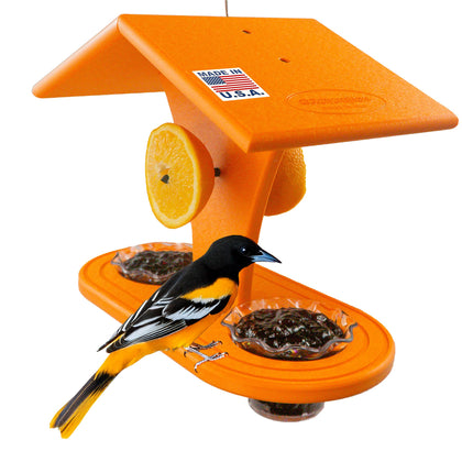 DutchCrafters orange-cup oriole feeder attracting Baltimore orioles.