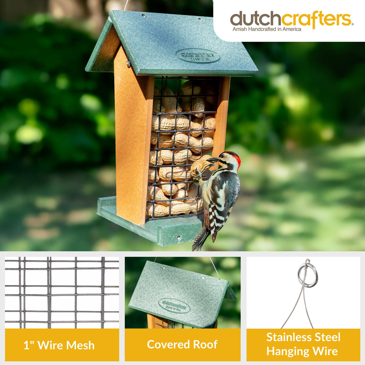 DutchCrafters feeder rear view showing easy open roof for quick refills.