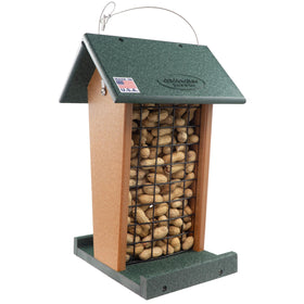 DutchCrafters peanut bird feeder hangs for large birds in gardens, promoting easy view and use.