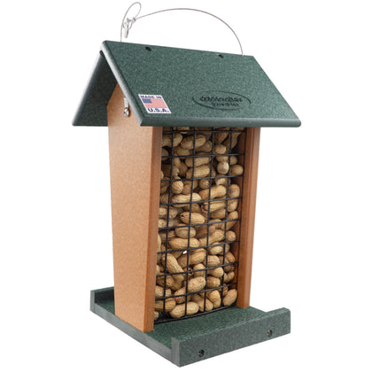 DutchCrafters peanut bird feeder hangs for large birds in gardens, promoting easy view and use.