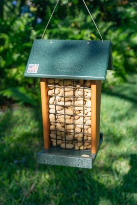 DutchCrafters outdoor feeder designed for woodpeckers and blue jays at a height.