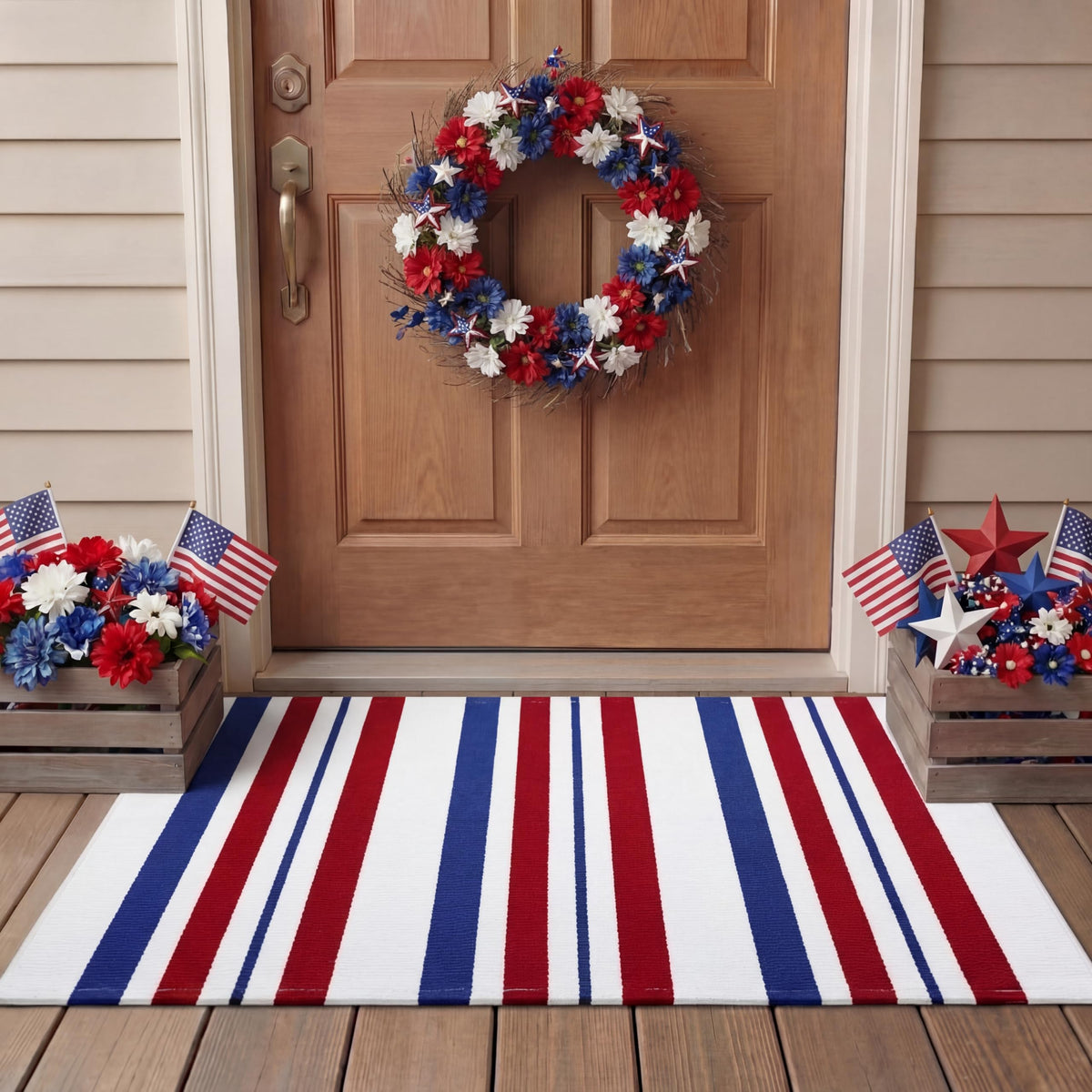 Duraaamo patriotic door mat with blue red white stripe for outdoor welcome.