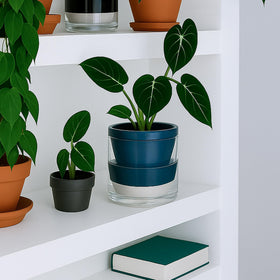 D'vine Dev blue pot with glass cup; gift-ready styling.